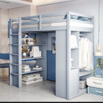 Lit mezzanine 90x200cm gain de place avec rangements chariot amovible bois gris (sans matelas)