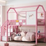 Lit mezzanine 90x200cm en mtal, lit enfant avec chelle de rangement, forme maison, sans matelas, sommier ...