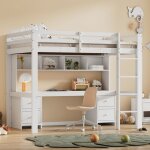 Lit mezzanine 90x200cm, pin, lit enfant avec bureau, rangement ouvert, lit simple, sans matelas, blanc ...