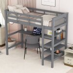 Modernluxe - lit mezzanine 90x200cm en pin massif avec bureau et étagère de rangement - gris Modernluxe - lit mezzanine 90x200cm en pin massif avec bureau et étagère de rangement - gris