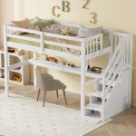 Lit mezzanine 90x200cm sans matelas, pin, lit enfant avec bureau, escalier avec rangement, blanc