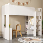 Lits mezzanine 90x200cm lits simples pour adultes / enfants, armoires ouvertes et compartiments de rangement, ...