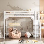 Lit mezzanine ados 140x200 cm avec sommier  lattes, penderie, marches, cadre de lit en pin, blanc
