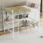 Lit mezzanine pour adultes 140x200 cm avec 4 étagères de rangement et 1 bureau, métal, blanc Lit mezzanine pour adultes 140x200 cm avec 4 étagères de rangement et 1 bureau, métal, blanc