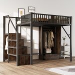 Lit mezzanine adulte 140x200 cm avec armoire, 1 tiroir, escalier de rangement, barrires de scurit, ...