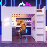 Lit mezzanine adulte 140x200 cm avec �clairage led, 1 port usb, 1 port type - c, escalier, bureau, tiroirs, ...