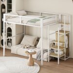 Lit mezzanine adulte 140x200 cm avec escalier, �tag�re de rangement, armoire ouverte, barri�re de s�curit�, ...