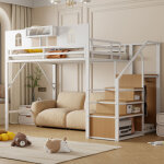 Lit mezzanine adulte 140x200 cm avec escalier de rangement, penderie ouverte, �tag�res de rangement ouvertes, ...