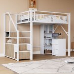 Lit mezzanine adulte 140x200 cm avec escalier de rangement s�curit�, casier avec porte, en m�tal, sans ...