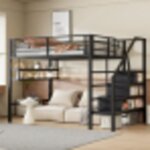 Lit mezzanine adulte 140x200 cm, �tag�res de rangement ouvertes, escalier de rangement, rambarde, sans ...