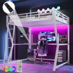 Hauss spole ? lit mezzanine 140x200 cm m�tal blanc avec led, table, prise usb, antichute ? hauteur 177. ...