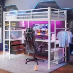 Lit mezzanine blanc avec bureau - �clairage led - 3 tiroirs - �tag�res - garde - corps - escalier - sans ...