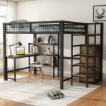 Lit mezzanine avec bureau, lit mezzanine 140x200 cm avec étagères, armoire intégrée, cadre de lit en ... Lit mezzanine avec bureau, lit mezzanine 140x200 cm avec étagères, armoire intégrée, cadre de lit en ...