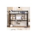 Modernluxe - lit mezzanine 90x200cm - avec bureau et étagères - cadre en métal - noir Modernluxe - lit mezzanine 90x200cm - avec bureau et étagères - cadre en métal - noir