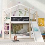 Lit mezzanine cabane enfant 90x200 avec toboggan et �chelle - 2 sommiers � lattes - naturel / blanc - ...