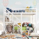 Lit mezzanine double 140x200 cm en bois massif blanc avec escalier de rangement - lit surlev 2 places ...