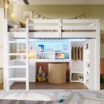 Lit mezzanine - lit double - avec bureau et armoire - �tag�res led int�gr�es - blanc - 148x204, 5x148cm ...