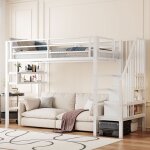 Lit mezzanine enfant 1 place 90200cm en mtal avec escalier de rangement, 2 tagres, sans matelas, ...
