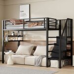 Lit mezzanine enfant 1 place 90�200cm en m�tal avec escalier de rangement, 2 �tag�res, sans matelas, ...