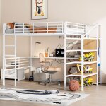 Lit mezzanine enfant 140200cm, bureau + petite armoire, avec marches de rangement, sans matelas, mtal, ...