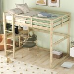 Lit mezzanine enfant 140 x 200 cm avec bureau + �tag�re de rangement, pin, antichute, sans matelas, naturel ...