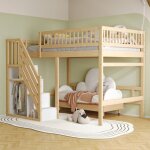 Lit mezzanine enfant 140x200 cm avec escalier � rangement, en bois, sans matelas, couleur bois