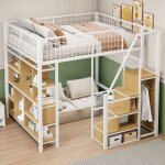 Lit mezzanine enfant 140x200 cm en métal, lit adulte, avec penderie intégrée + étagère de rangement, ... Lit mezzanine enfant 140x200 cm en métal, lit adulte, avec penderie intégrée + étagère de rangement, ...