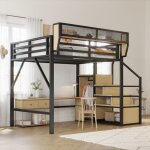 Lit mezzanine enfant 140x200 cm ? structure m�tallique, �chelle de s�curit� + penderie, lit simple, sans ...