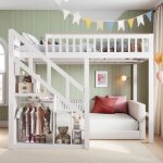 Lit mezzanine enfant - 140x200cm - bois de camphre blanc - escalier rangement - s�curis� nf en 716
