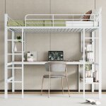 Lit mezzanine enfant 140x200cm, avec bureau et 4 petites �tag�res, cadre de lit en m�tal, barri�re de ...