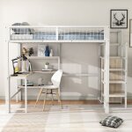 Lit mezzanine enfant 140x200cm avec bureau et escalier de rangement, cadre de lit en métal, sommier à ... Lit mezzanine enfant 140x200cm avec bureau et escalier de rangement, cadre de lit en métal, sommier à ...
