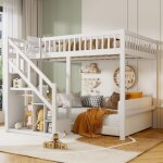 Lit mezzanine 140x200cm, lit surlev pour enfant, 1 place, escalier avec rangement, sommier  lattes ...