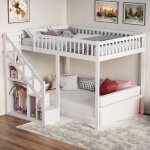 Lit mezzanine enfant 140x200cm, lit superpose 2 places avec escalier rangements, placard de rangement, ...