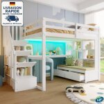 Lit mezzanine enfant 2 places 140x200 cm avec led, en bois, rangement int�gr� sous le lit, bureau + biblioth�q ...