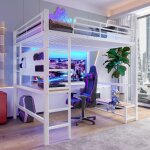 Lit mezzanine enfant 2 places 140x200 cm, avec lumi�res led et bureau, ports usb et type - c, sans matelas, ...