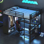 Lit mezzanine enfant 2 places 140x200cm en m�tal , avec bureau et armoire, �clairage led, sans matelas, ...