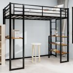 Lit mezzanine enfant 90×190cm en métal, lit simple, bureau et 3 étagères, antichute, sans matelas, noir ... Lit mezzanine enfant 90×190cm en métal, lit simple, bureau et 3 étagères, antichute, sans matelas, noir ...