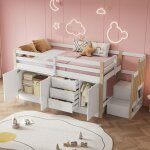 Lit mezzanine enfant 90�200 cm, 3 tiroirs + 3 portes, barri�res de s�curit� et escalier de rangement, ...