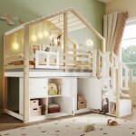 Lit mezzanine enfant 90200 cm avec chelle de rangement et multiples compartiments, sans matelas, pin, ...