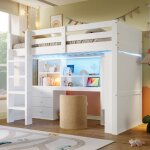 Lit mezzanine enfant 90�200 cm avec led, armoire int�gr�e, bureau et 3 tiroirs, antichute, pin blanc