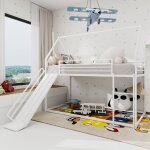 Lit mezzanine enfant 90�200 cm en m�tal, lit cabane avec toboggan, forme maison, antichute, sans matelas, ...