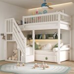 Lit mezzanine enfant 90�200cm, lit simple, avec �chelle de rangement, en pin, antichute, sans matelas, ...