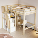 Lit mezzanine enfant 90 x 200 cm avec bureau int�gr�, �tag�res et escalier coffre, pin / m�tal, bois ...