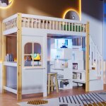 Lit mezzanine enfant 90 x 200 cm avec led, bureau int�gr� et �chelle de rangement, pin / mdf, blanc / ...