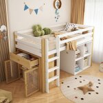 Lit mezzanine enfant 90 x 200 cm, lit simple, avec 4 rangements, 1 meuble de rangement, 1 tiroir, sans ...