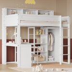 Wishdor - lit mezzanine enfant 90 x 200 cm avec table et armoire, grille antichute, tagres et chelle, ...