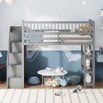 Lit mezzanine enfant 90 x 200cm - escalier avec rangements, haute balustrade, sommier  lattes, avec ...