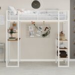 Lit mezzanine enfant 90x190 cm avec bureau, �tag�res de rangement ouvert, en m�tal, sans matelas, blanc ...