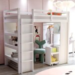 Lit mezzanine enfant 90x190 cm avec rangement multi - niveaux, sommier � lattes, tiroir amovible et �tag�res, ...