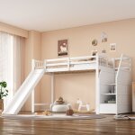 Lit mezzanine enfant 90x200 blanc, toboggan et �chelle de rangement. certifi� en747 (sans matelas)
